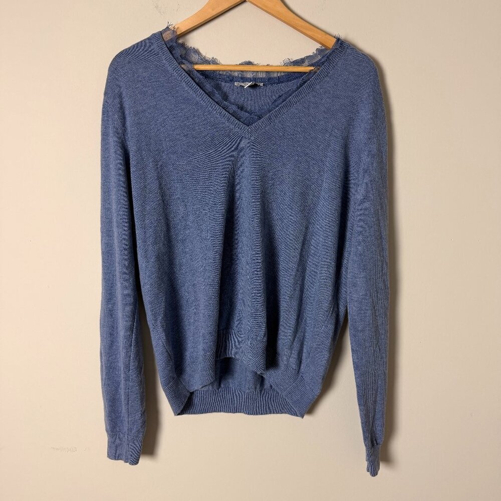 2/$30 Current Air Lace Trim Blue V-Neck Sweater XL